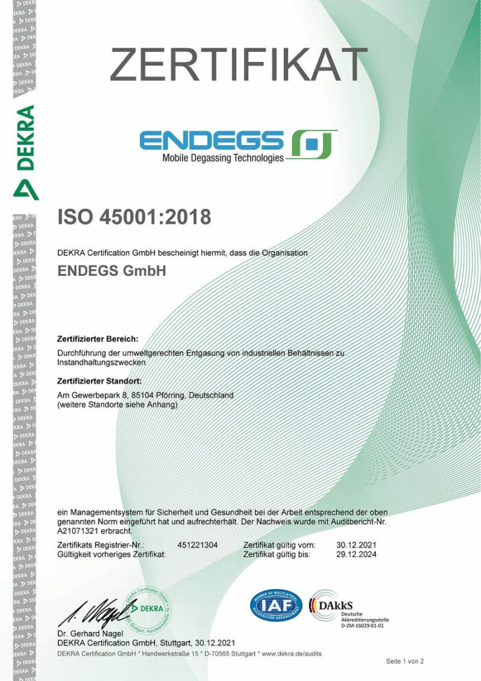 ENDEGS Mobile Degassing Technologies Zertifizierung ISO 45001:2018