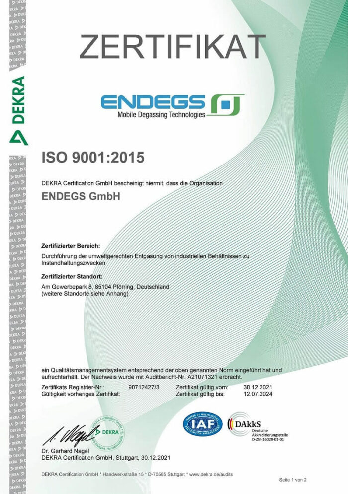ENDEGS Mobile Degassing Technologies Zertifizierung ISO 9001:2015